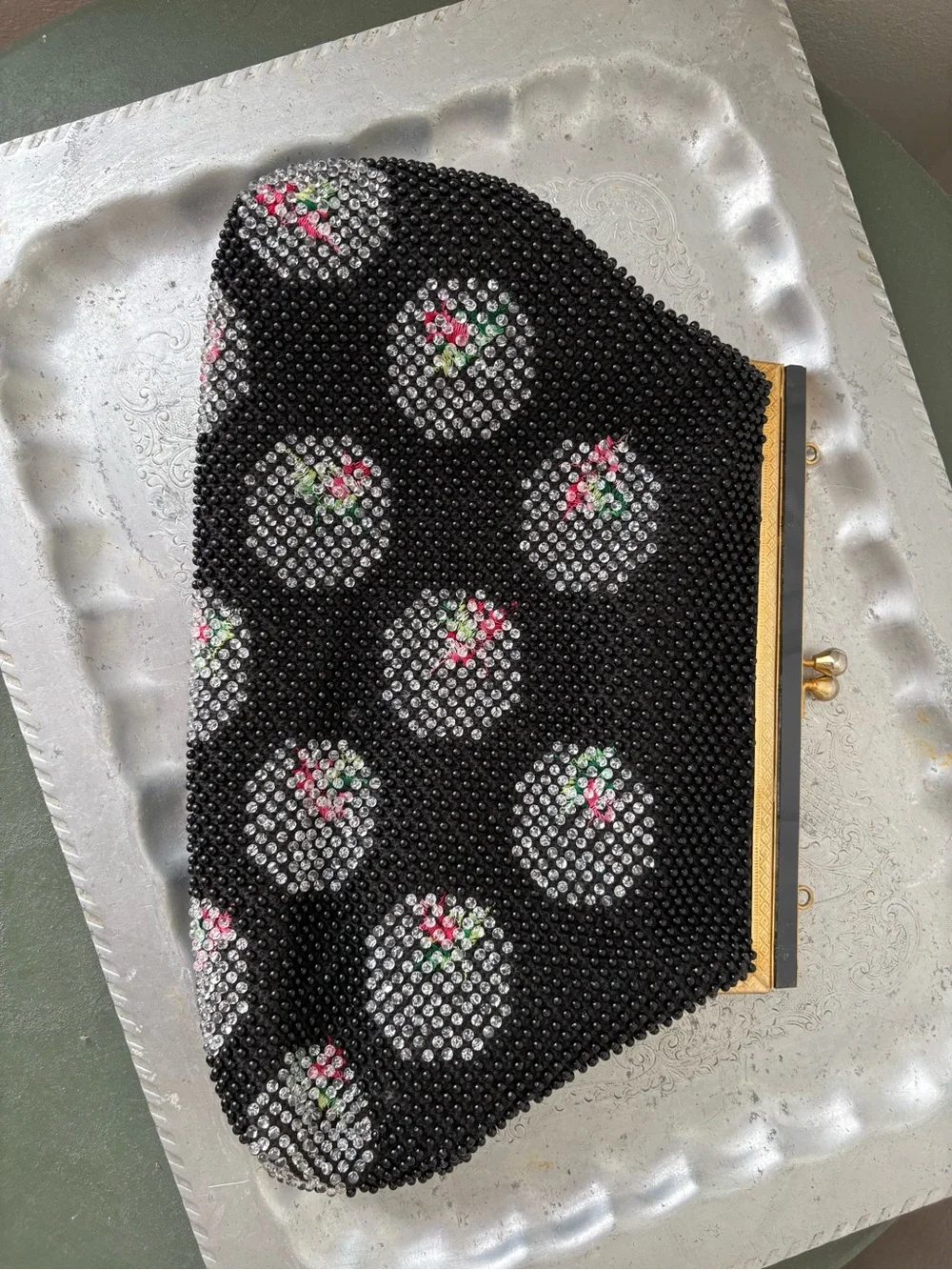 Vintage Black Beaded Floral Dot Clutch with Gold Frame